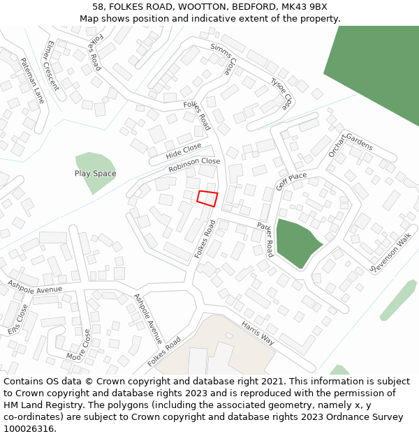 58, FOLKES ROAD, WOOTTON, BEDFORD, MK43 9BX: Location map and indicative extent of plot