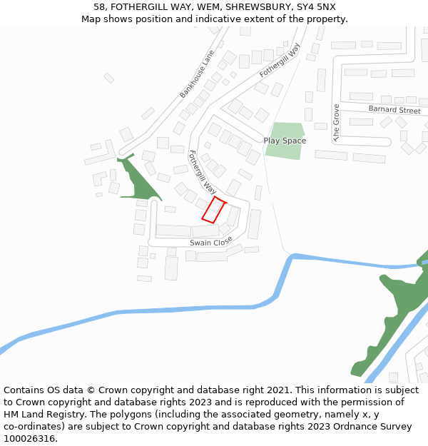 58, FOTHERGILL WAY, WEM, SHREWSBURY, SY4 5NX: Location map and indicative extent of plot