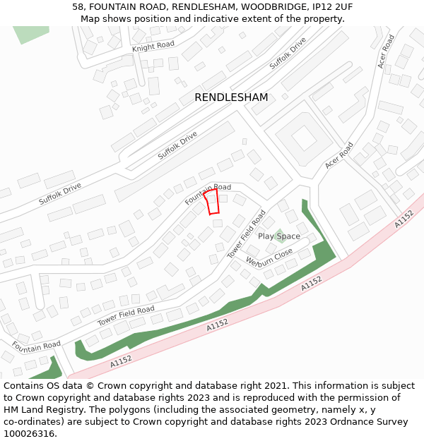 58, FOUNTAIN ROAD, RENDLESHAM, WOODBRIDGE, IP12 2UF: Location map and indicative extent of plot