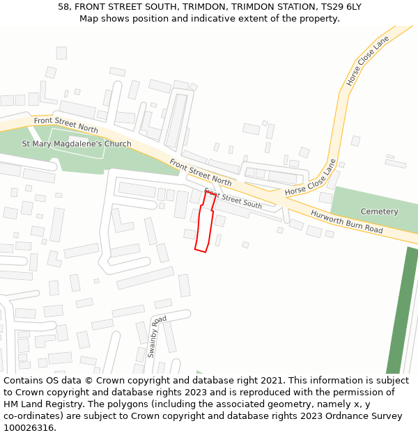 58, FRONT STREET SOUTH, TRIMDON, TRIMDON STATION, TS29 6LY: Location map and indicative extent of plot