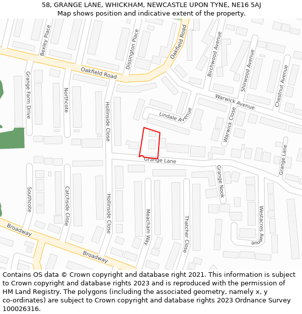 58, GRANGE LANE, WHICKHAM, NEWCASTLE UPON TYNE, NE16 5AJ: Location map and indicative extent of plot