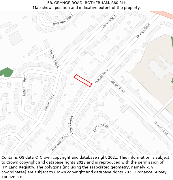 58, GRANGE ROAD, ROTHERHAM, S60 3LH: Location map and indicative extent of plot