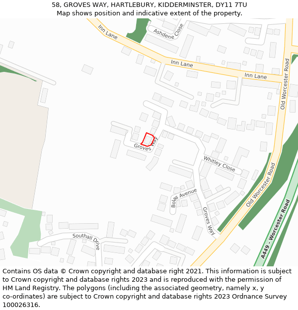 58, GROVES WAY, HARTLEBURY, KIDDERMINSTER, DY11 7TU: Location map and indicative extent of plot