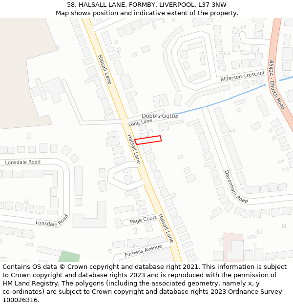 58, HALSALL LANE, FORMBY, LIVERPOOL, L37 3NW: Location map and indicative extent of plot