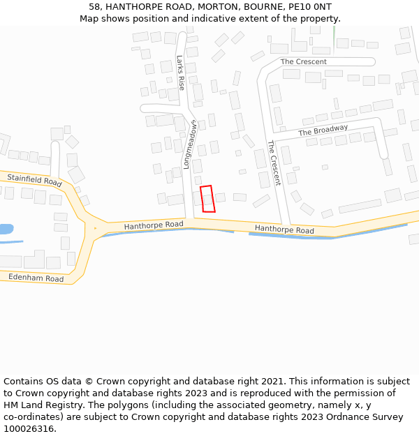 58, HANTHORPE ROAD, MORTON, BOURNE, PE10 0NT: Location map and indicative extent of plot