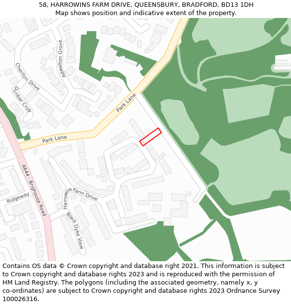 58, HARROWINS FARM DRIVE, QUEENSBURY, BRADFORD, BD13 1DH: Location map and indicative extent of plot