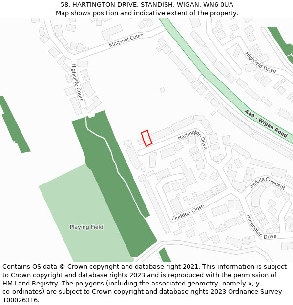 58, HARTINGTON DRIVE, STANDISH, WIGAN, WN6 0UA: Location map and indicative extent of plot