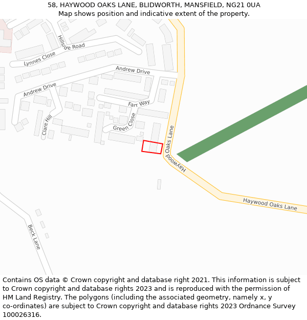 58, HAYWOOD OAKS LANE, BLIDWORTH, MANSFIELD, NG21 0UA: Location map and indicative extent of plot