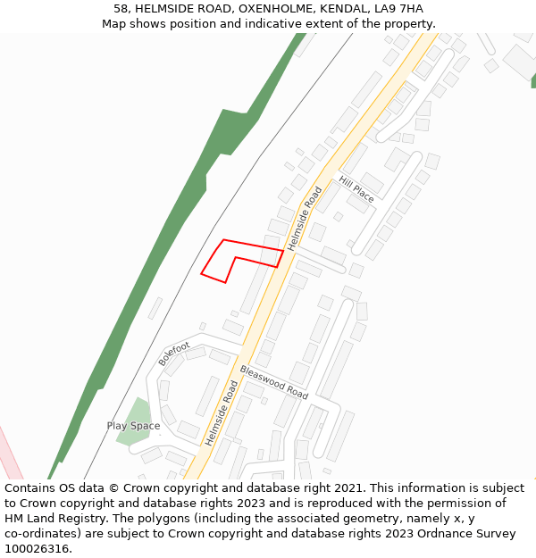 58, HELMSIDE ROAD, OXENHOLME, KENDAL, LA9 7HA: Location map and indicative extent of plot