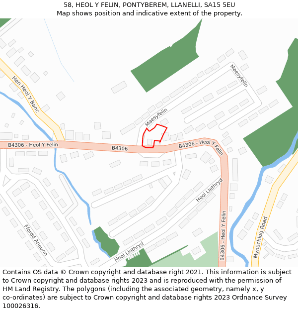 58, HEOL Y FELIN, PONTYBEREM, LLANELLI, SA15 5EU: Location map and indicative extent of plot