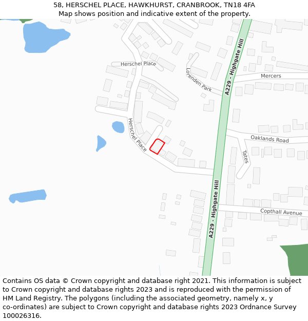 58, HERSCHEL PLACE, HAWKHURST, CRANBROOK, TN18 4FA: Location map and indicative extent of plot