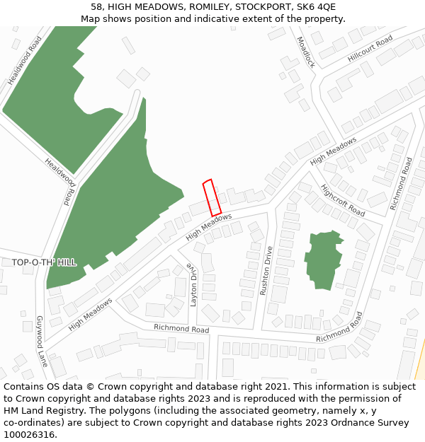 58, HIGH MEADOWS, ROMILEY, STOCKPORT, SK6 4QE: Location map and indicative extent of plot