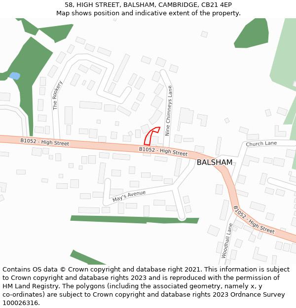 58, HIGH STREET, BALSHAM, CAMBRIDGE, CB21 4EP: Location map and indicative extent of plot