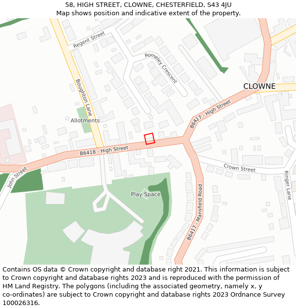 58, HIGH STREET, CLOWNE, CHESTERFIELD, S43 4JU: Location map and indicative extent of plot