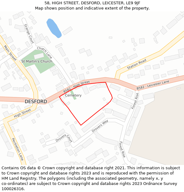 58, HIGH STREET, DESFORD, LEICESTER, LE9 9JF: Location map and indicative extent of plot