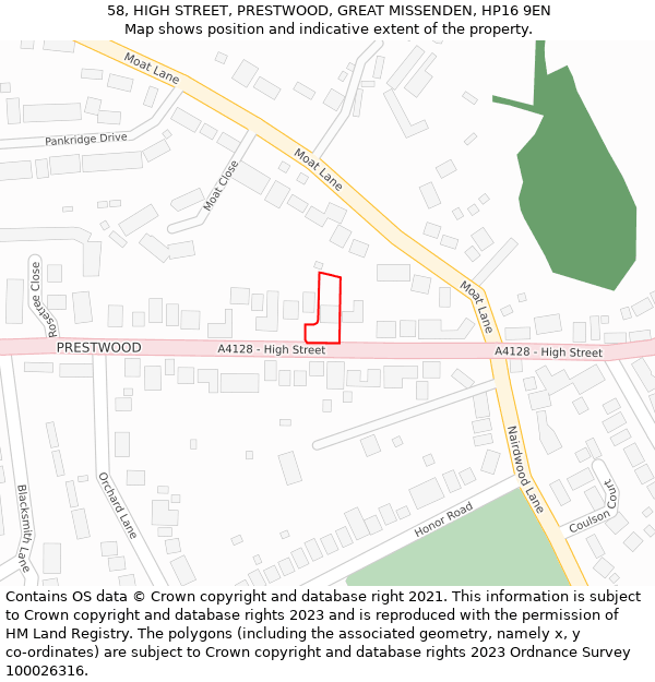 58, HIGH STREET, PRESTWOOD, GREAT MISSENDEN, HP16 9EN: Location map and indicative extent of plot
