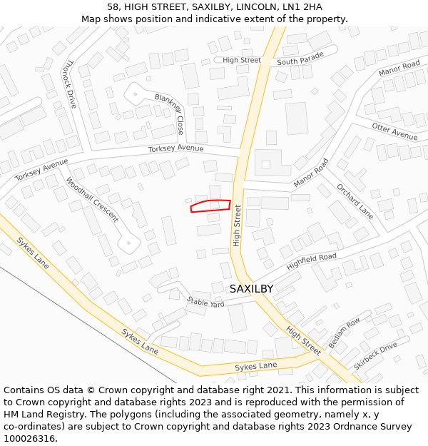 58, HIGH STREET, SAXILBY, LINCOLN, LN1 2HA: Location map and indicative extent of plot