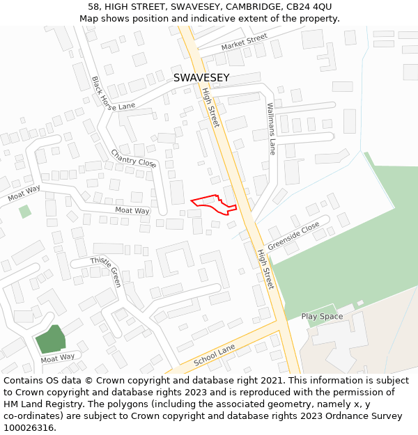 58, HIGH STREET, SWAVESEY, CAMBRIDGE, CB24 4QU: Location map and indicative extent of plot