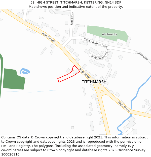 58, HIGH STREET, TITCHMARSH, KETTERING, NN14 3DF: Location map and indicative extent of plot