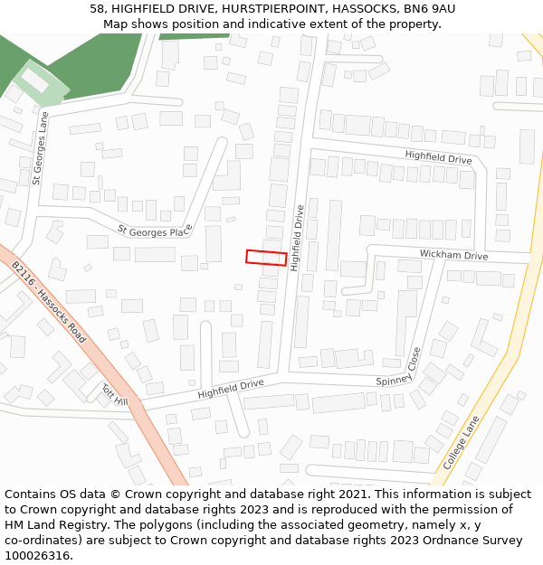 58, HIGHFIELD DRIVE, HURSTPIERPOINT, HASSOCKS, BN6 9AU: Location map and indicative extent of plot