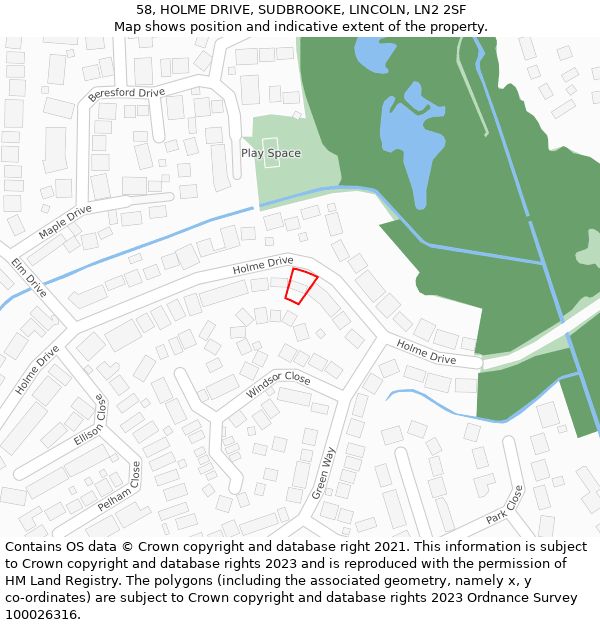 58, HOLME DRIVE, SUDBROOKE, LINCOLN, LN2 2SF: Location map and indicative extent of plot