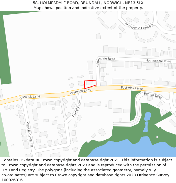 58, HOLMESDALE ROAD, BRUNDALL, NORWICH, NR13 5LX: Location map and indicative extent of plot