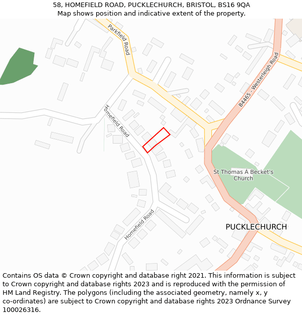 58, HOMEFIELD ROAD, PUCKLECHURCH, BRISTOL, BS16 9QA: Location map and indicative extent of plot