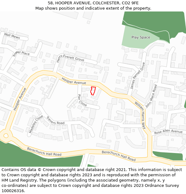 58, HOOPER AVENUE, COLCHESTER, CO2 9FE: Location map and indicative extent of plot