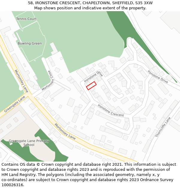 58, IRONSTONE CRESCENT, CHAPELTOWN, SHEFFIELD, S35 3XW: Location map and indicative extent of plot