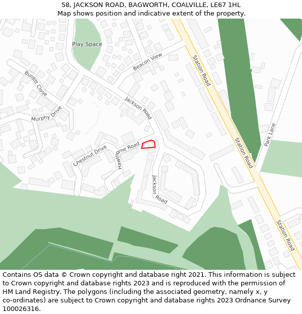 58, JACKSON ROAD, BAGWORTH, COALVILLE, LE67 1HL: Location map and indicative extent of plot