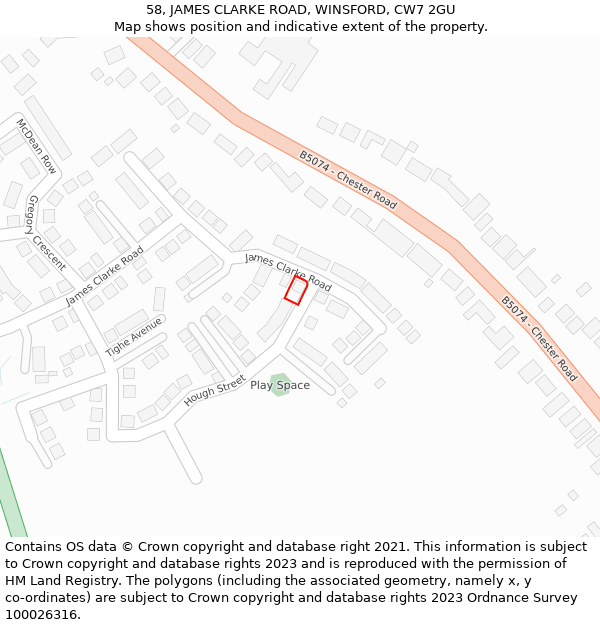 58, JAMES CLARKE ROAD, WINSFORD, CW7 2GU: Location map and indicative extent of plot