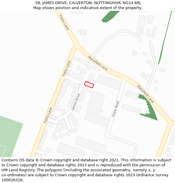 58, JAMES DRIVE, CALVERTON, NOTTINGHAM, NG14 6RJ: Location map and indicative extent of plot