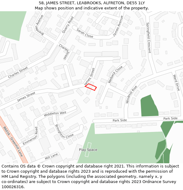 58, JAMES STREET, LEABROOKS, ALFRETON, DE55 1LY: Location map and indicative extent of plot