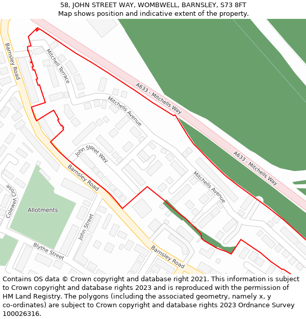 58, JOHN STREET WAY, WOMBWELL, BARNSLEY, S73 8FT: Location map and indicative extent of plot