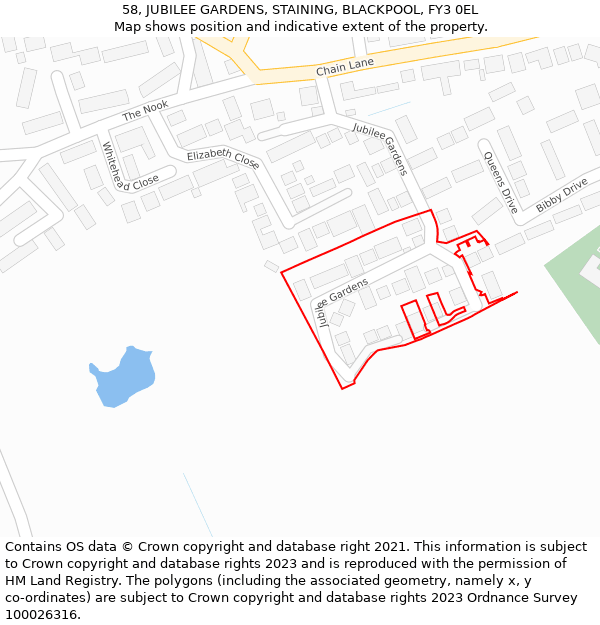 58, JUBILEE GARDENS, STAINING, BLACKPOOL, FY3 0EL: Location map and indicative extent of plot