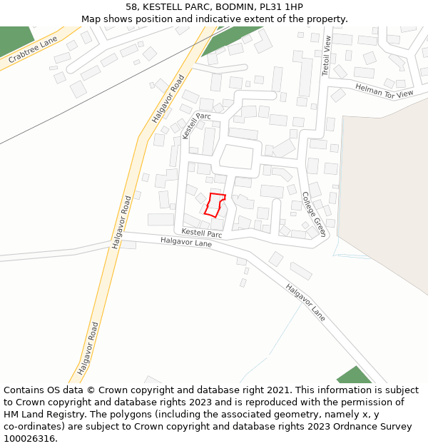 58, KESTELL PARC, BODMIN, PL31 1HP: Location map and indicative extent of plot