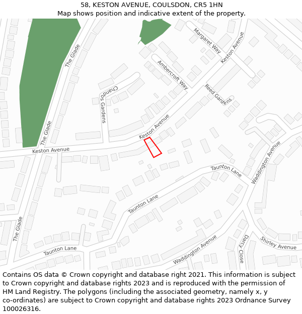 58, KESTON AVENUE, COULSDON, CR5 1HN: Location map and indicative extent of plot