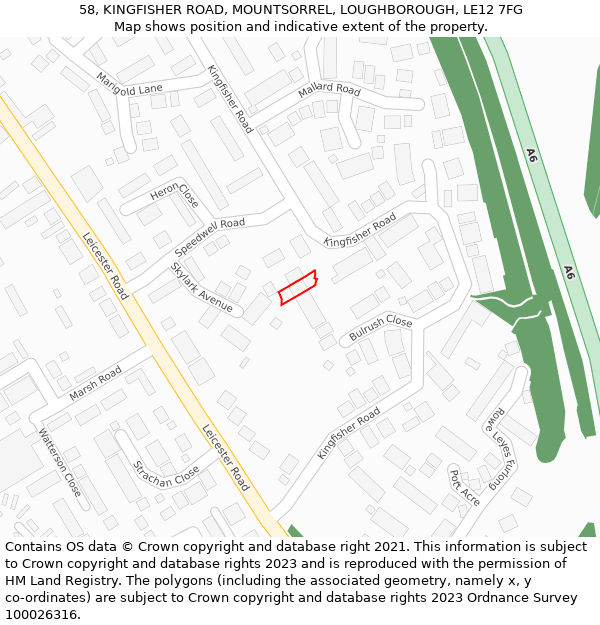 58, KINGFISHER ROAD, MOUNTSORREL, LOUGHBOROUGH, LE12 7FG: Location map and indicative extent of plot