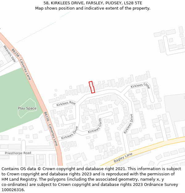 58, KIRKLEES DRIVE, FARSLEY, PUDSEY, LS28 5TE: Location map and indicative extent of plot