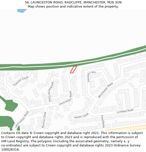 58, LAUNCESTON ROAD, RADCLIFFE, MANCHESTER, M26 3UN: Location map and indicative extent of plot