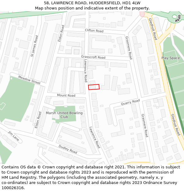 58, LAWRENCE ROAD, HUDDERSFIELD, HD1 4LW: Location map and indicative extent of plot