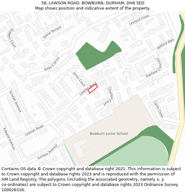 58, LAWSON ROAD, BOWBURN, DURHAM, DH6 5ED: Location map and indicative extent of plot