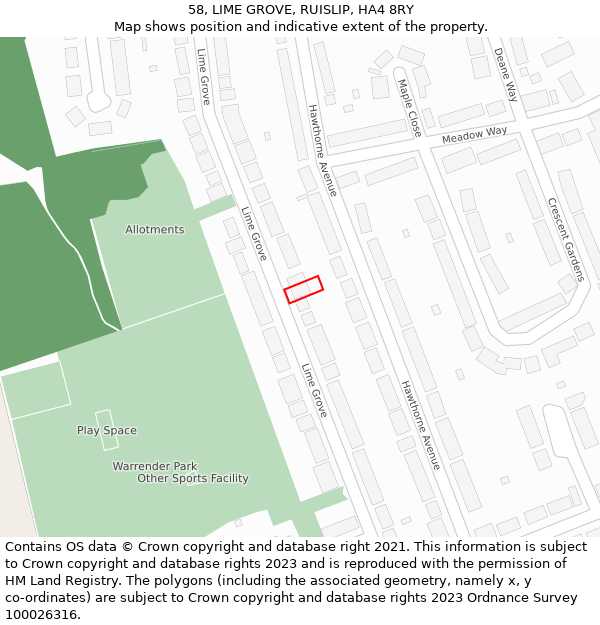 58, LIME GROVE, RUISLIP, HA4 8RY: Location map and indicative extent of plot
