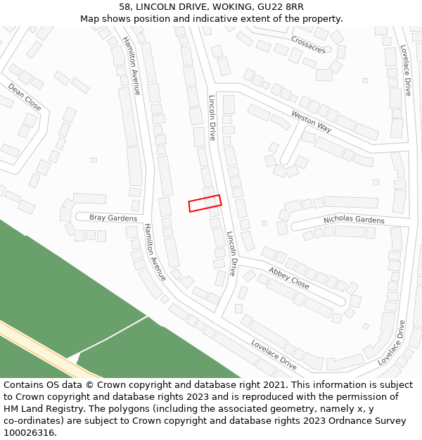 58, LINCOLN DRIVE, WOKING, GU22 8RR: Location map and indicative extent of plot