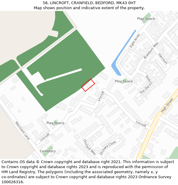 58, LINCROFT, CRANFIELD, BEDFORD, MK43 0HT: Location map and indicative extent of plot