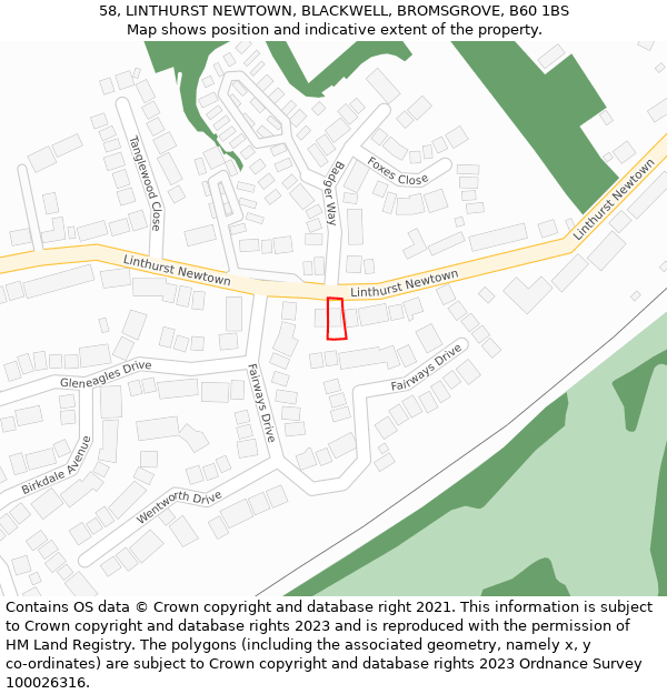 58, LINTHURST NEWTOWN, BLACKWELL, BROMSGROVE, B60 1BS: Location map and indicative extent of plot