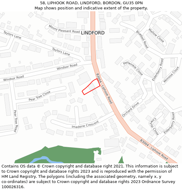 58, LIPHOOK ROAD, LINDFORD, BORDON, GU35 0PN: Location map and indicative extent of plot