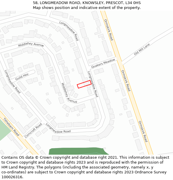 58, LONGMEADOW ROAD, KNOWSLEY, PRESCOT, L34 0HS: Location map and indicative extent of plot