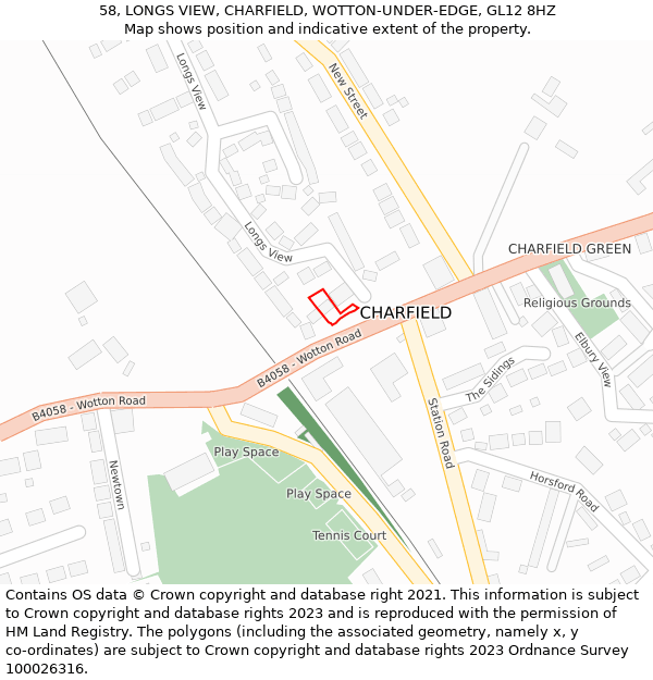 58, LONGS VIEW, CHARFIELD, WOTTON-UNDER-EDGE, GL12 8HZ: Location map and indicative extent of plot