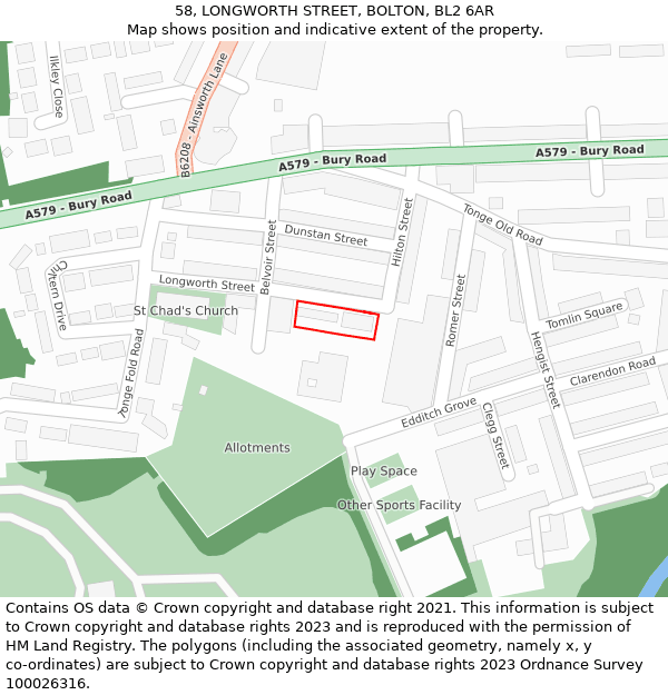 58, LONGWORTH STREET, BOLTON, BL2 6AR: Location map and indicative extent of plot